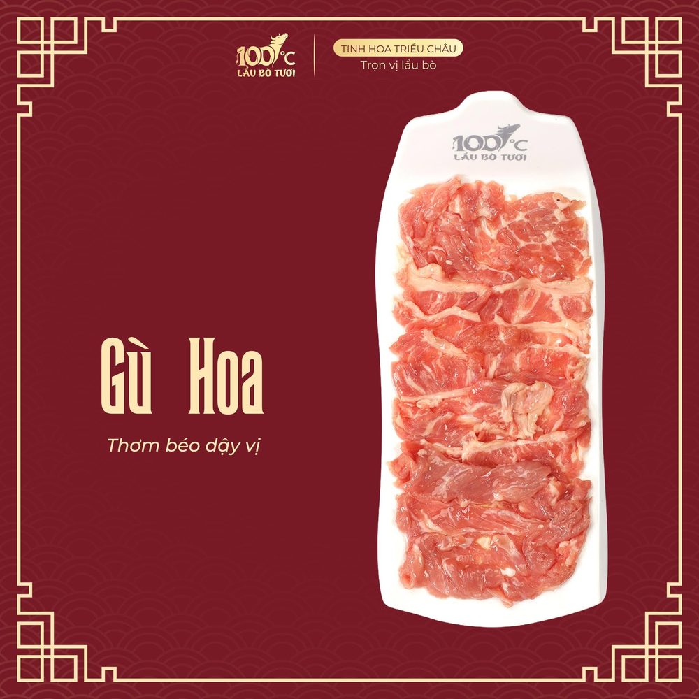 Gù hoa bò tươi thái lát trên đĩa sứ 100°C — thơm béo dậy vị