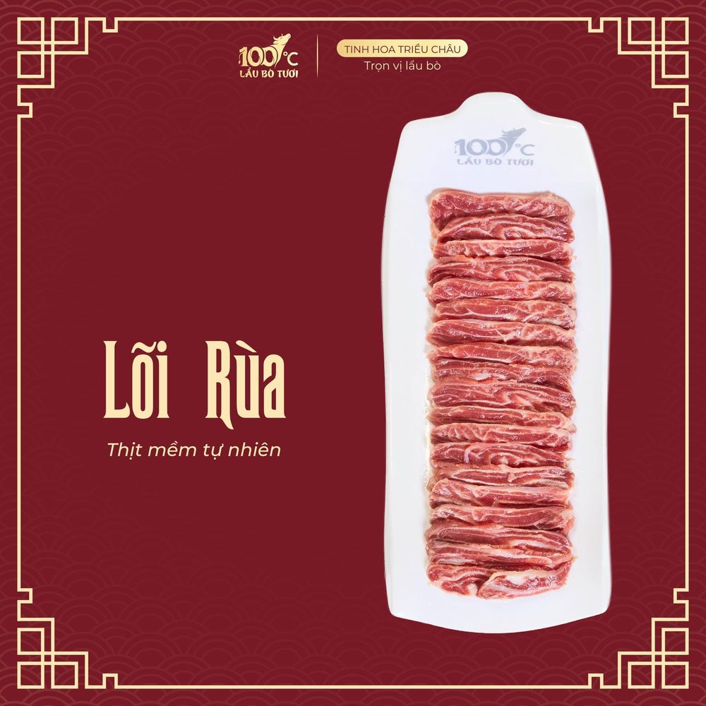 Lõi rùa bò tươi thái lát trên đĩa sứ 100°C — thịt mềm tự nhiên