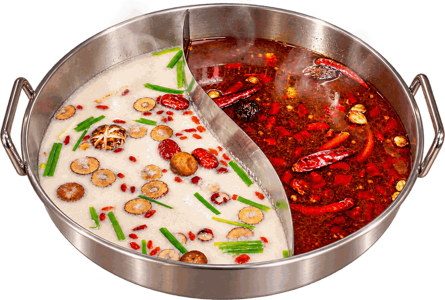 Nồi lẩu uyên ương hai ngăn: nước dùng thảo mộc trắng và nước lẩu cay đỏ