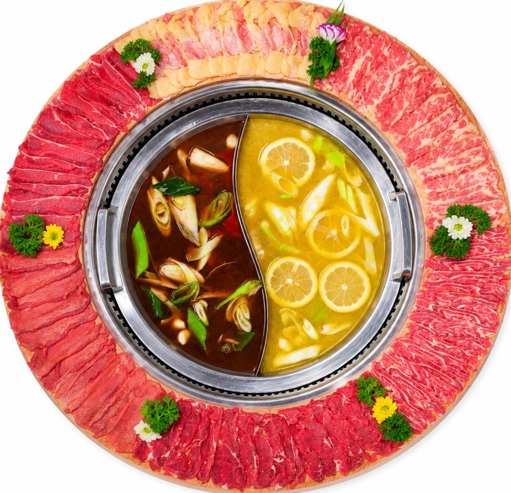 Set Bò Vô Cực — mâm thịt bò tươi xếp vòng quanh nồi lẩu uyên ương