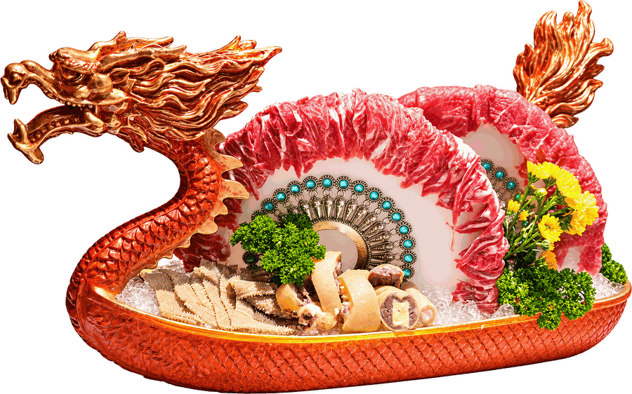 Set Cung Yến — mâm thuyền rồng bày thịt bò tươi tại Lẩu Bò Tươi 100°C