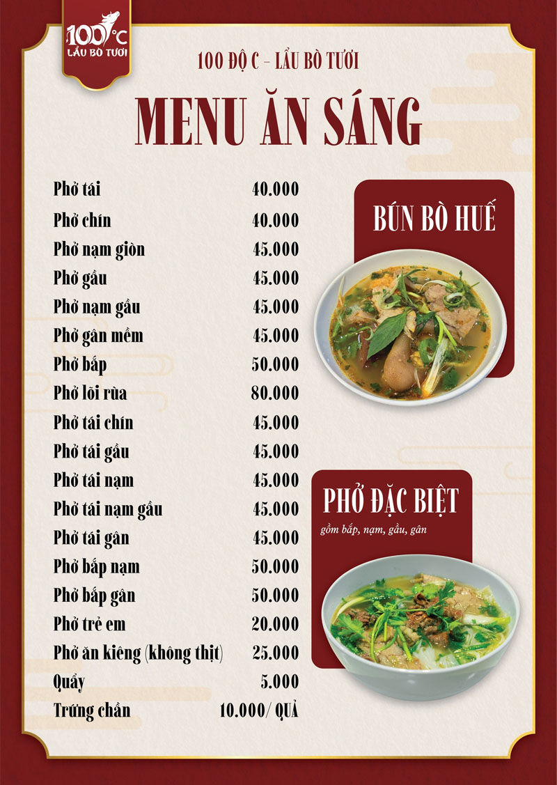 Menu ăn sáng tại 100 Độ C - Lẩu Bò Tươi