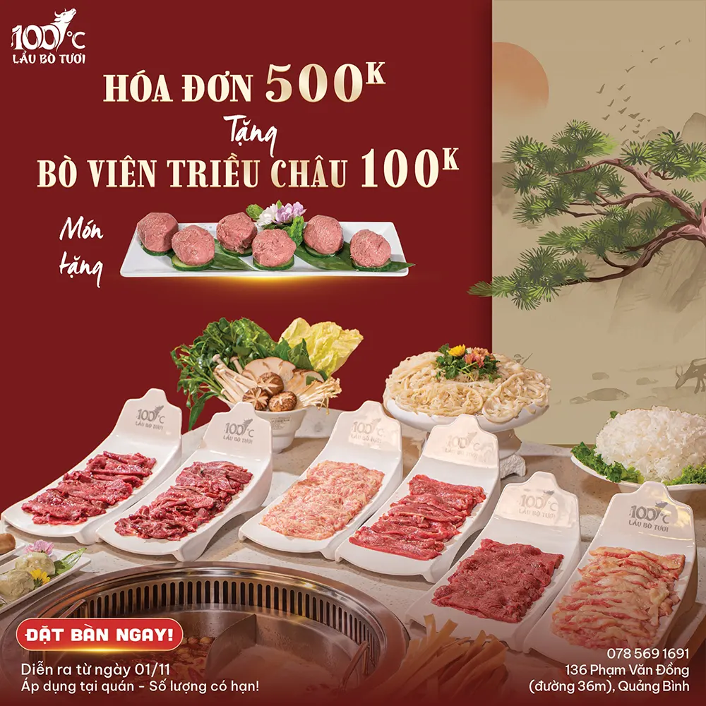 100 độ c - Lẩu bò tươi ưu đãi hóa đơn 500K