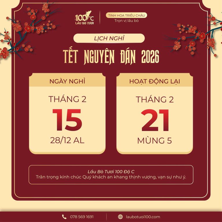 Lịch nghỉ tết nguyên đán cơ sở Lẩu Bò Tươi 100 Độ C Quảng Bình