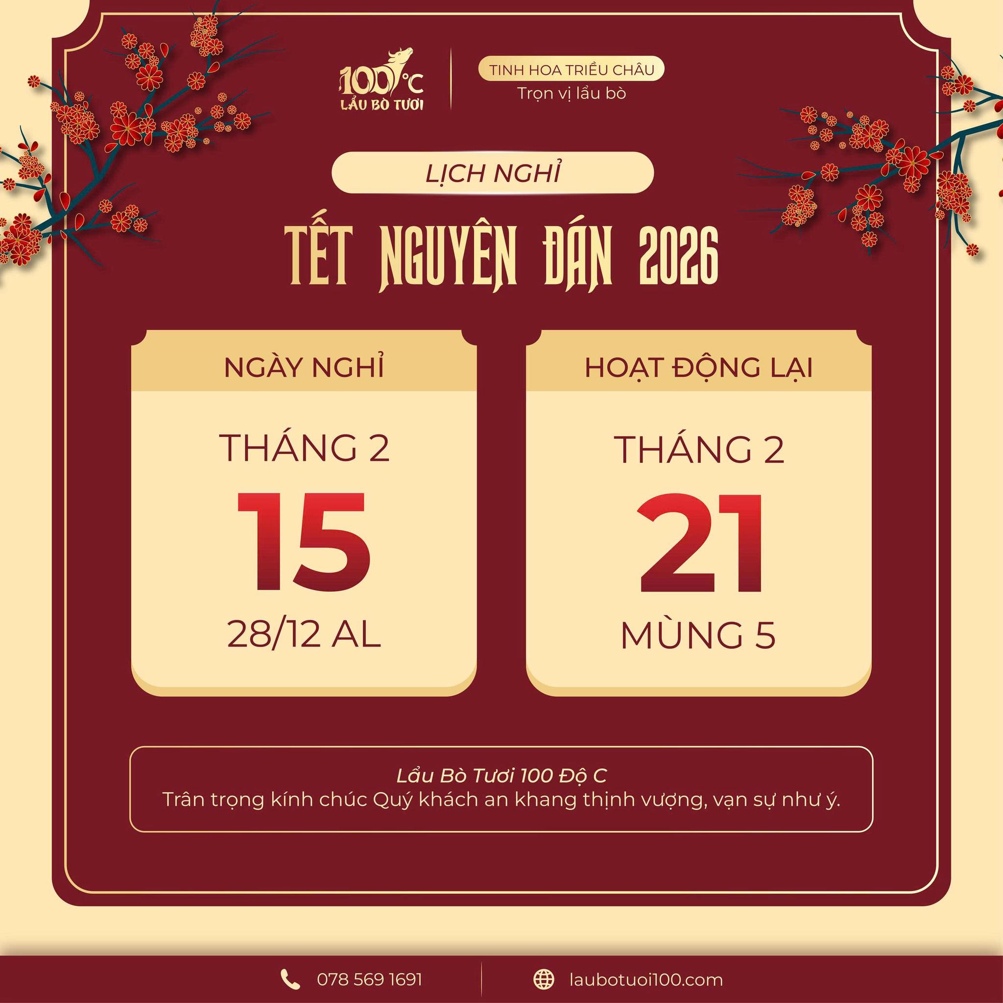 Lịch nghỉ tết nguyên đán cơ sở Lẩu Bò Tươi 100 Độ C Quảng Bình
