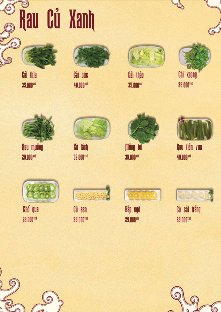Thực đơn Lẩu Bò Tươi 100°C – trang 16: Rau củ xanh
